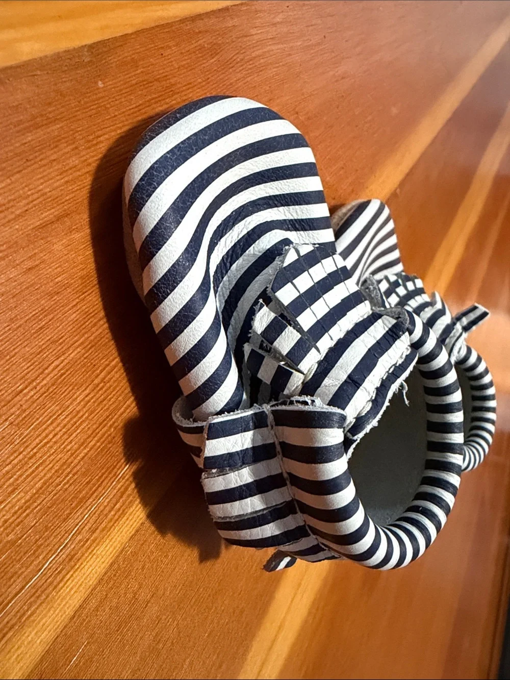 Freshly Picked Navy and White Striped Fringe Baby Moccasins